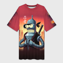 Футболка женская длинная Крутой ниндзя Бендер в ночном городе, цвет: 3D-принт