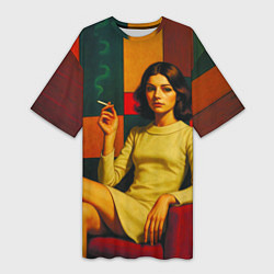 Футболка женская длинная Девушка в кресле ретро поп-арт 1970-е, цвет: 3D-принт