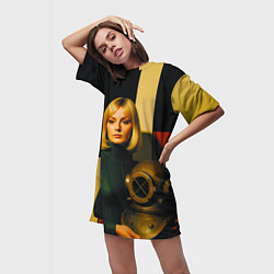 Футболка женская длинная Девушка с водолазным шлемом ретрофутуризм поп-арт, цвет: 3D-принт — фото 2