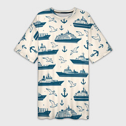 Женская длинная футболка Морской паттерн из чаек, якорей и кораблей