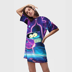Футболка женская длинная Bender in neon space - cartoon Futurama, цвет: 3D-принт — фото 2