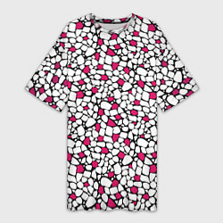 Женская длинная футболка Мелкий красно белый мозаичный узор на черном