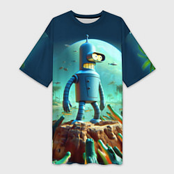 Футболка женская длинная Роботу-сгибальщику Бендеру по-барабану стая крокод, цвет: 3D-принт