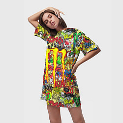 Футболка женская длинная Monster energy sticker grafity, цвет: 3D-принт — фото 2