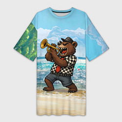 Футболка женская длинная Медведь играет ска на пляже, цвет: 3D-принт
