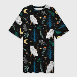 Футболка женская длинная Сова в зимнем лесу, цвет: 3D-принт