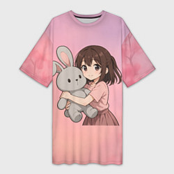 Футболка женская длинная Девочка обнимает зайцика в аниме, цвет: 3D-принт