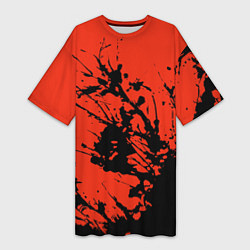Женская длинная футболка Взрыв чёрной краски на красно-оранжевом