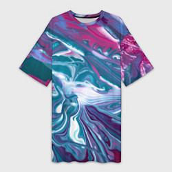 Футболка женская длинная Абстракция бело сине красный мрамор, цвет: 3D-принт