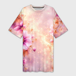 Футболка женская длинная Нежный розовый цветочный с золотистым свечением, цвет: 3D-принт