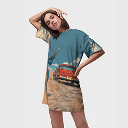 Футболка женская длинная Fallout девушка и старое авто, цвет: 3D-принт — фото 2