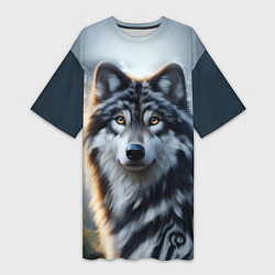 Футболка женская длинная Морда волка - Россия, цвет: 3D-принт