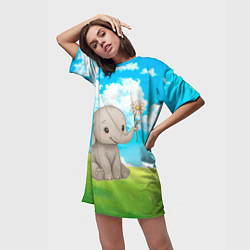 Футболка женская длинная Слоненок с цветочком, цвет: 3D-принт — фото 2