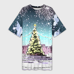 Футболка женская длинная Москва - новогодний салют, цвет: 3D-принт