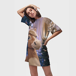 Футболка женская длинная Плюшевая новогодняя лошадь, цвет: 3D-принт — фото 2