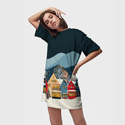 Футболка женская длинная Новогодний городок в горах, цвет: 3D-принт — фото 2