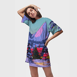 Футболка женская длинная Новогодние елки в горном городке, цвет: 3D-принт — фото 2