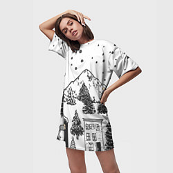 Футболка женская длинная Заснеженный черно-белый город, цвет: 3D-принт — фото 2