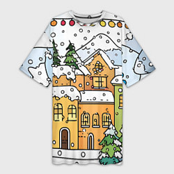 Футболка женская длинная Новогодний снегопад, цвет: 3D-принт