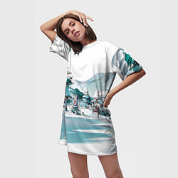 Футболка женская длинная Дома и елки - Новый год, цвет: 3D-принт — фото 2