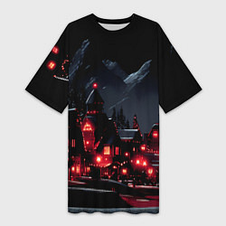 Футболка женская длинная Новогодняя ночь и красные гирлянды, цвет: 3D-принт