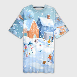 Футболка женская длинная Предновогодний день во дворе, цвет: 3D-принт