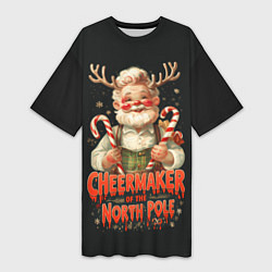 Футболка женская длинная Санта с рогами оленя, цвет: 3D-принт