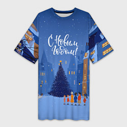 Футболка женская длинная С новым год - праздничный дворик, цвет: 3D-принт