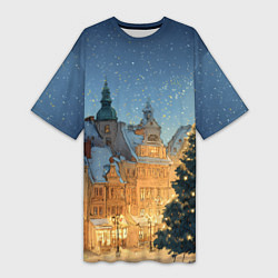 Футболка женская длинная Новый год в старом городе, цвет: 3D-принт