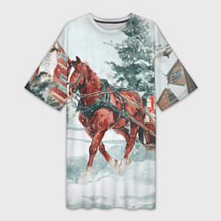 Футболка женская длинная Новогодняя лошадка 2026, цвет: 3D-принт