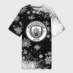 Футболка женская длинная Манчестер сити снежинки новый год, цвет: 3D-принт