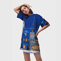 Футболка женская длинная Синяя новогодняя елочка во дворе, цвет: 3D-принт — фото 2