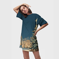 Футболка женская длинная Новогодняя атмосфера в городе, цвет: 3D-принт — фото 2