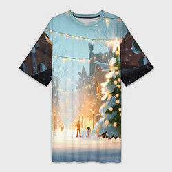 Футболка женская длинная Новогодняя елочка, цвет: 3D-принт