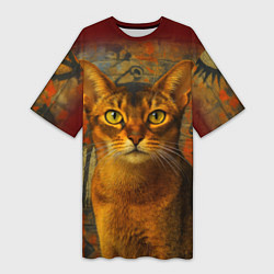 Футболка женская длинная Абиссинская кошка на фоне кирпичной стены с граффи, цвет: 3D-принт