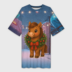 Футболка женская длинная Лошадка с новогоднем венком 2026, цвет: 3D-принт