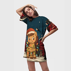 Футболка женская длинная Лошадка в новогодней гирлянде, цвет: 3D-принт — фото 2