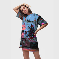 Футболка женская длинная Кошка празднует Новый год, цвет: 3D-принт — фото 2