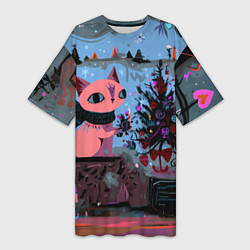 Женская длинная футболка Кошка празднует Новый год