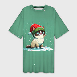 Футболка женская длинная Новогодний мем котик, цвет: 3D-принт