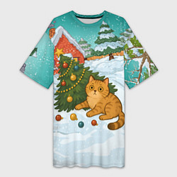 Женская длинная футболка Толстый кот уронил елку