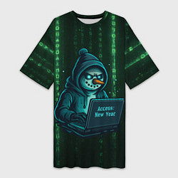 Футболка женская длинная Снеговик - хакер взламывает Новый год, цвет: 3D-принт