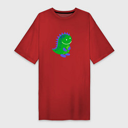 Футболка женская-платье Зеленый дракончик-динозаврик, цвет: красный