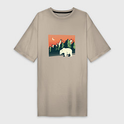 Футболка женская-платье Белый медведь пейзаж с горами, цвет: миндальный