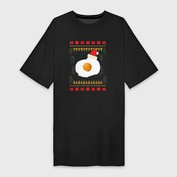 Футболка женская-платье Рождественский свитер Кот-яичница, цвет: черный