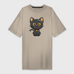 Футболка женская-платье Черный маленький котенок, цвет: миндальный