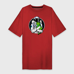 Футболка женская-платье Космонавт с инопланетным котом, цвет: красный
