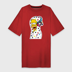 Футболка женская-платье Гомер Симпсон в звёздном балахоне и в наушниках, цвет: красный