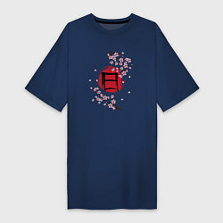 Футболка женская-платье Цветущая сакура и красный круг с японским иероглиф, цвет: тёмно-синий