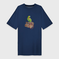 Футболка женская-платье Зеленый попугай на сундуке с сокровищами, цвет: тёмно-синий